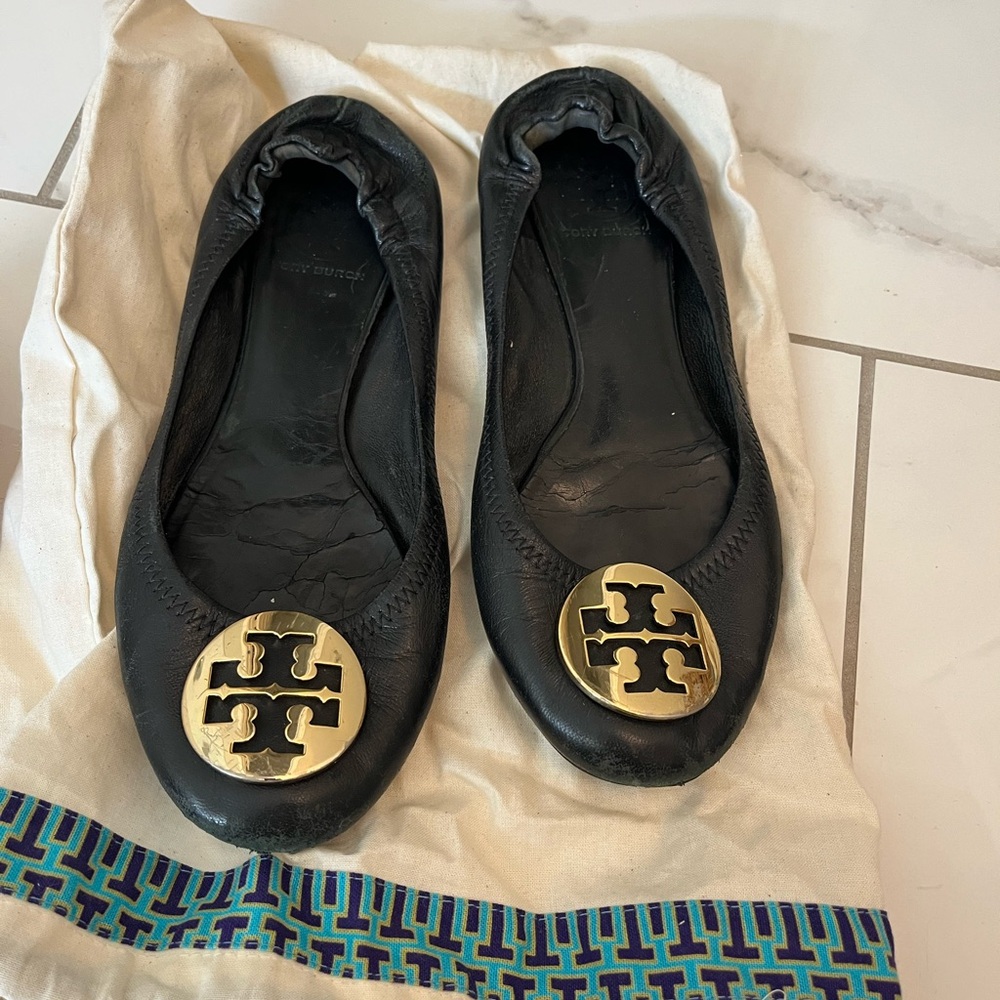 Tory Burch Black Flats with Gold Emblem